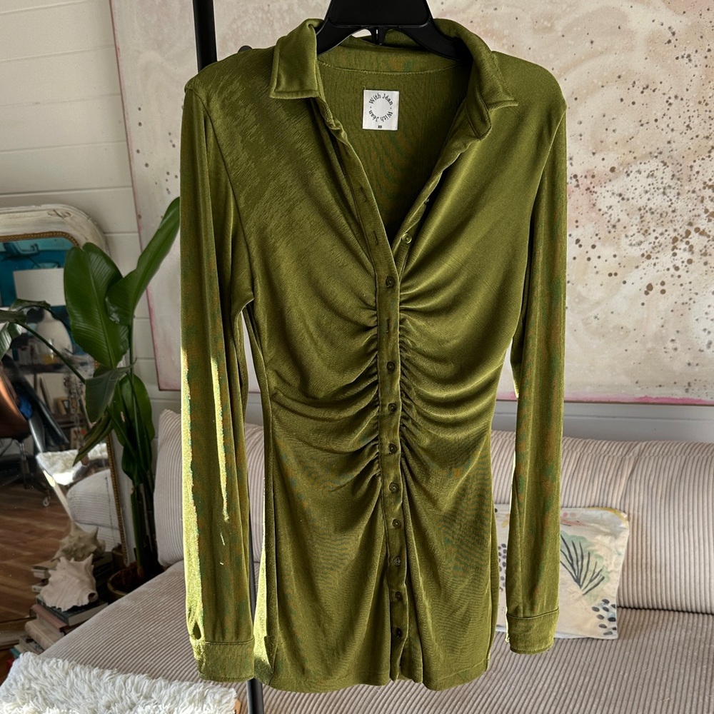 With Jean Olive Green Ruched Button-Up Women's Top